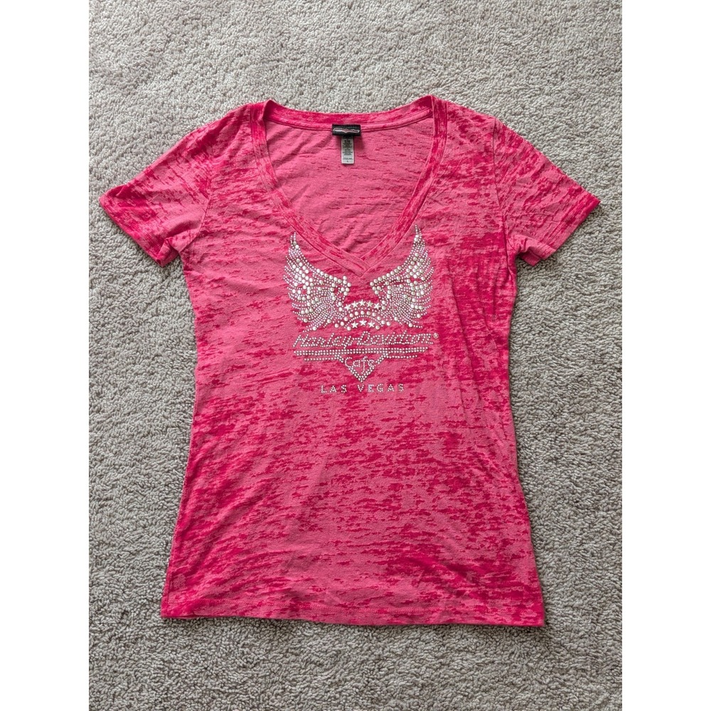Harley Davidson Shirt Las Vegas Cafe Studded Distressed Pink Wings Size Large